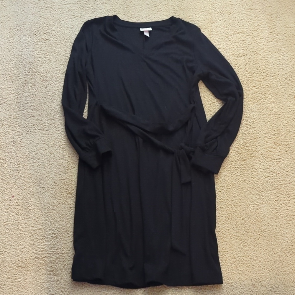 Isabel Maternity Black Long Sleeve Stretchy V Neck Belted Dress LBD Size Small